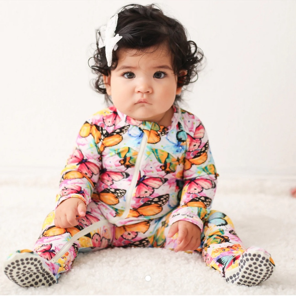 Bestaroo butterfly flutter dreams zip up bamboo baby footie pajamas.